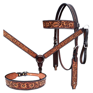 Bar H Equine Genuine Western American Leather Horse Premium Headstall & Breast Collar Set